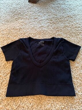 Garage Black Ribbed V-Neck Short Sleeve Crop Top